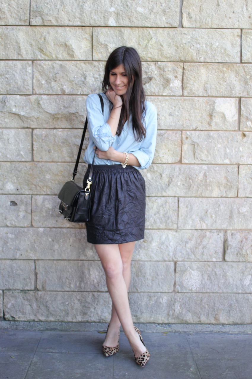 chambray shirt karen walker skirt leopard heels fashion blog