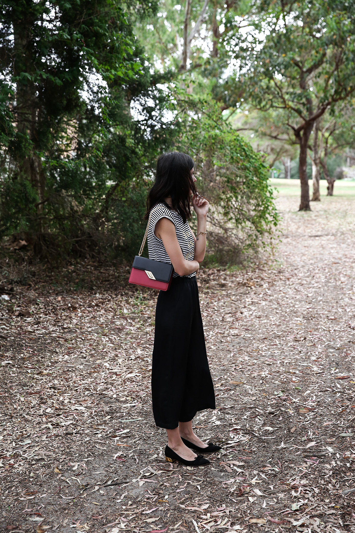 minimal outfit stripes silk culottes