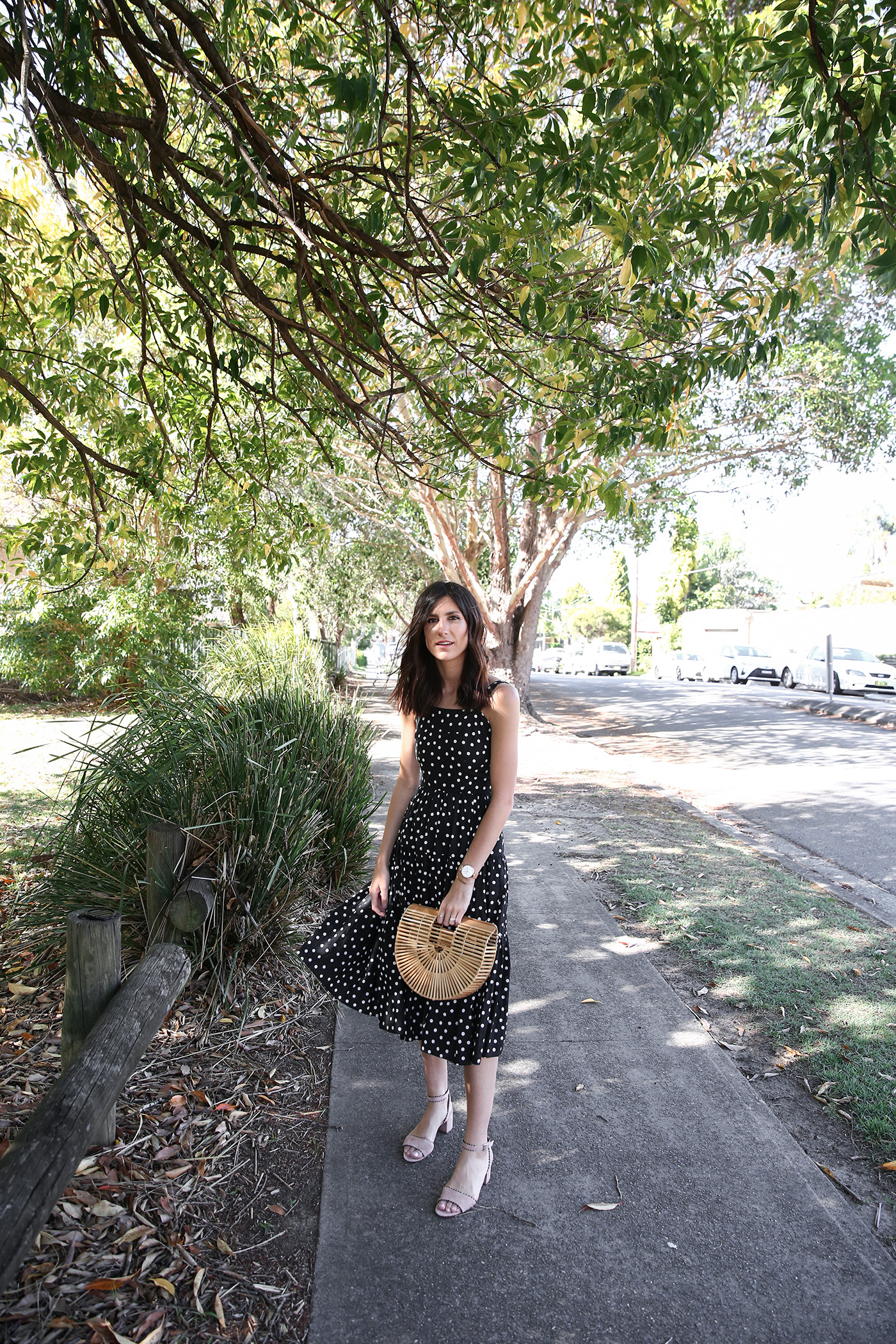 minimal outfit polka dot print dress