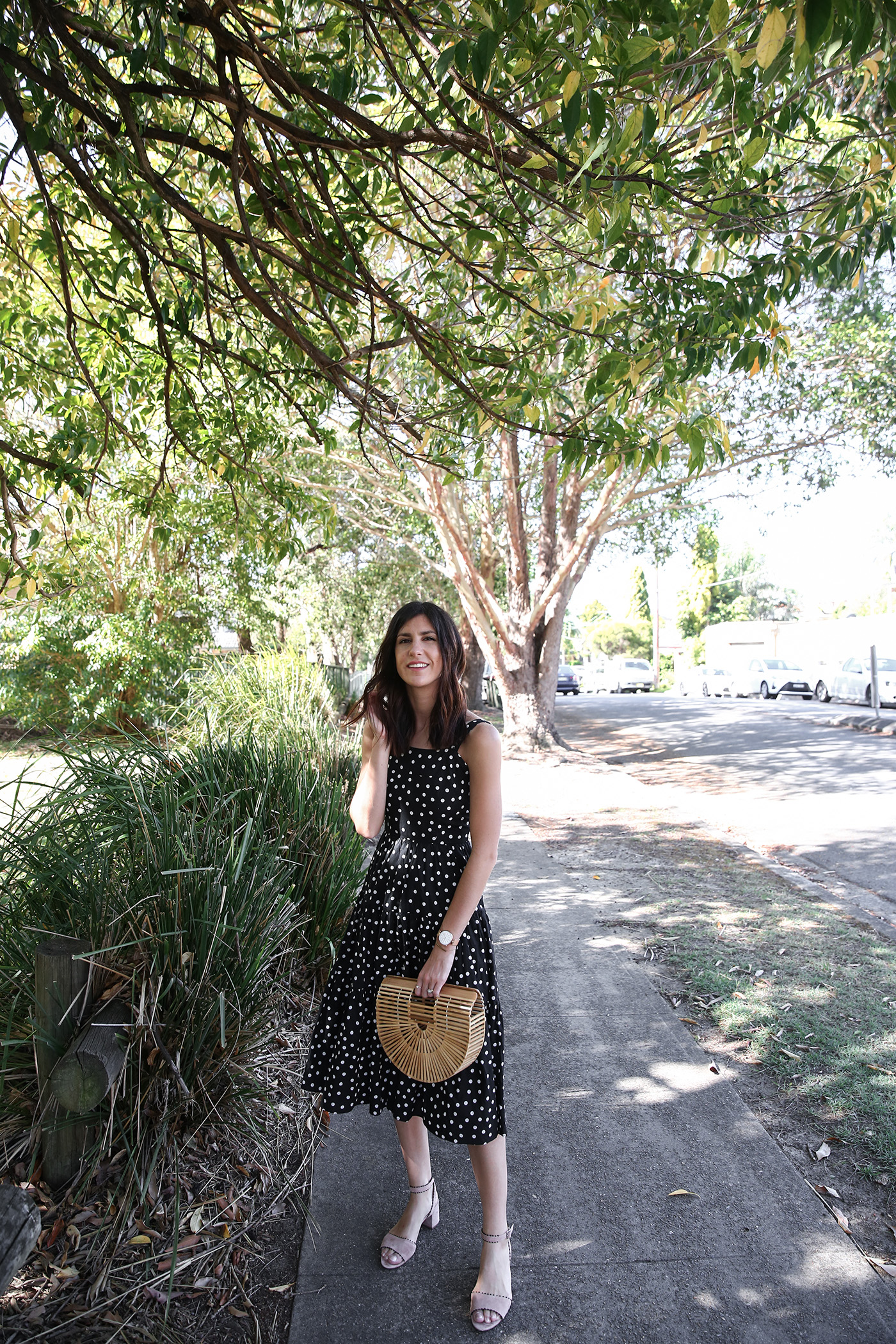 minimal outfit polka dot print dress