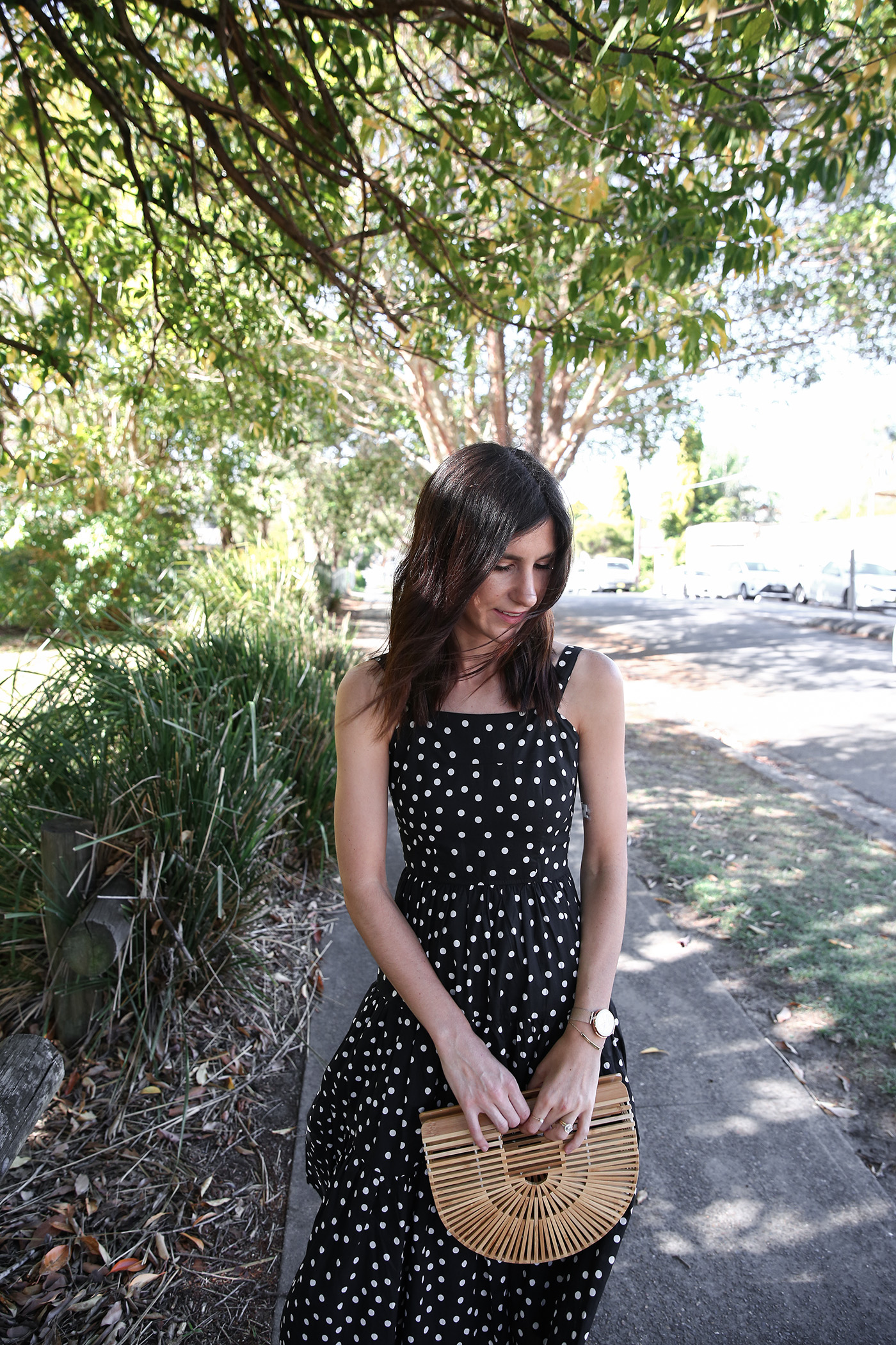 minimal outfit polka dot print dress