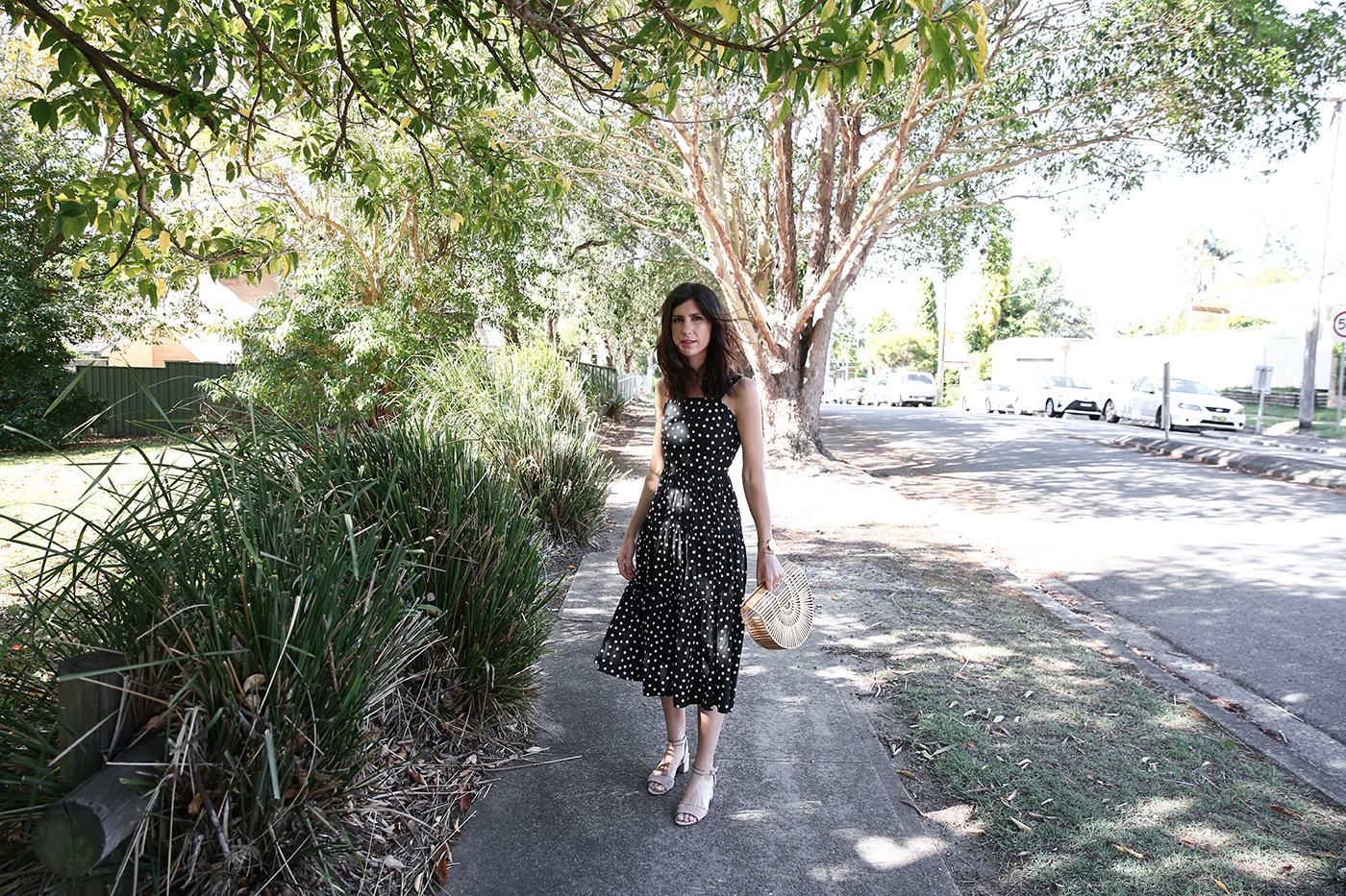 minimal outfit polka dot print dress