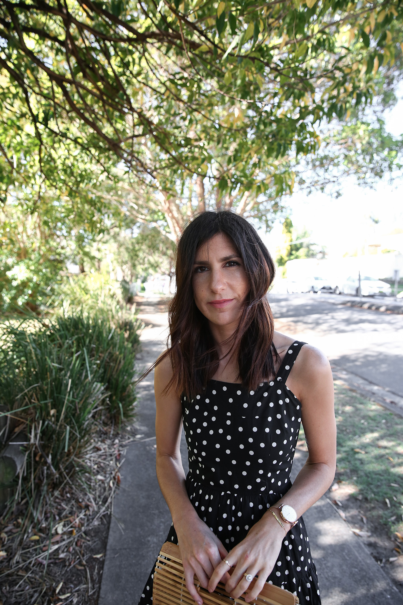 minimal outfit polka dot print dress