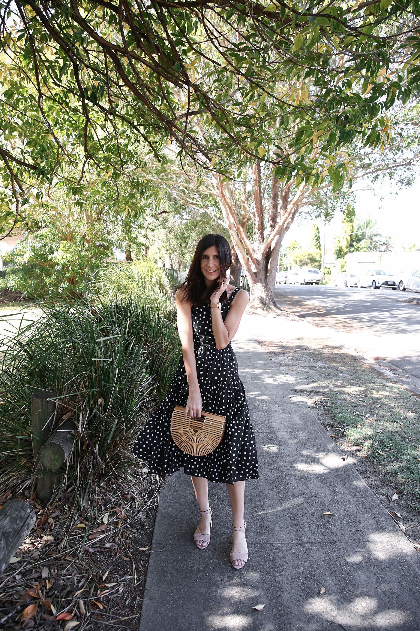 minimal outfit polka dot print dress