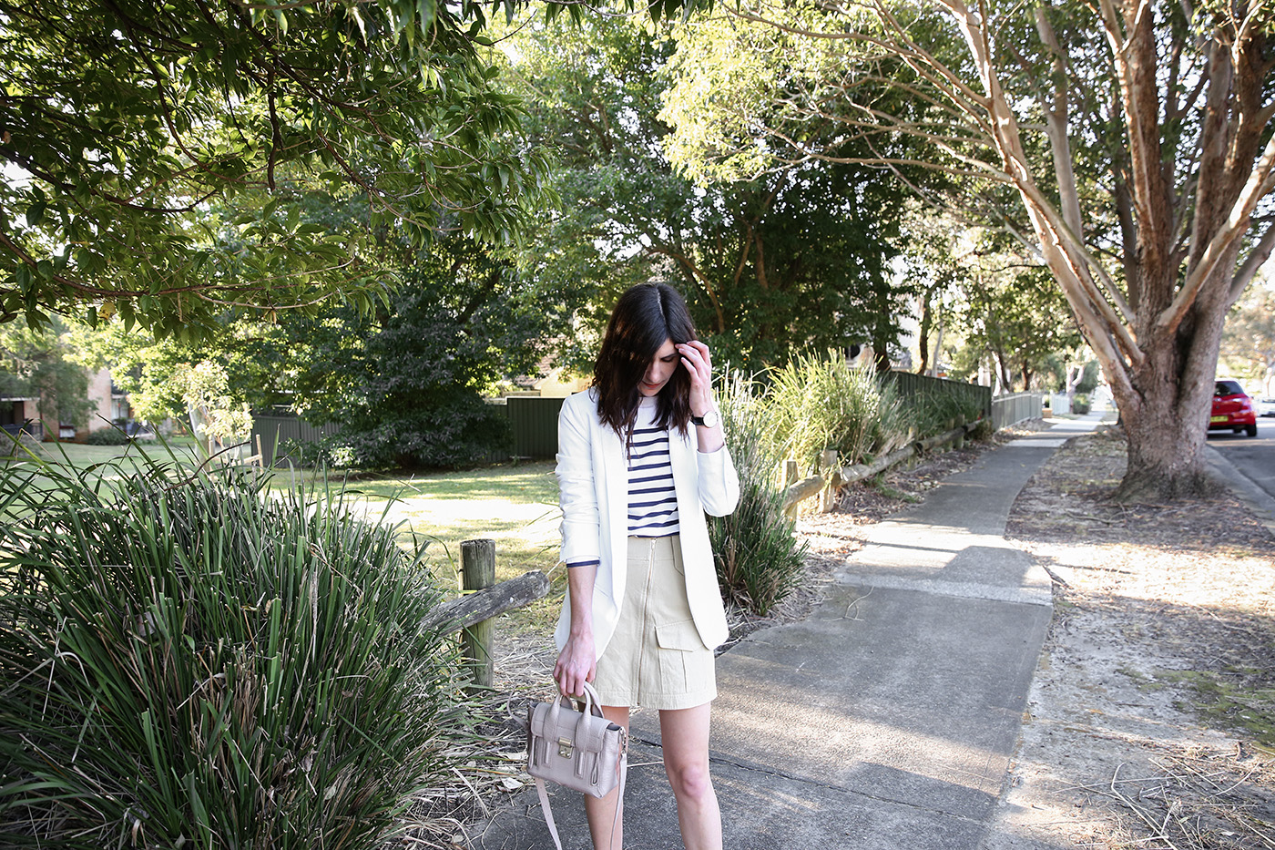 minimal outfit breton stripe top and blazer mademoiselle