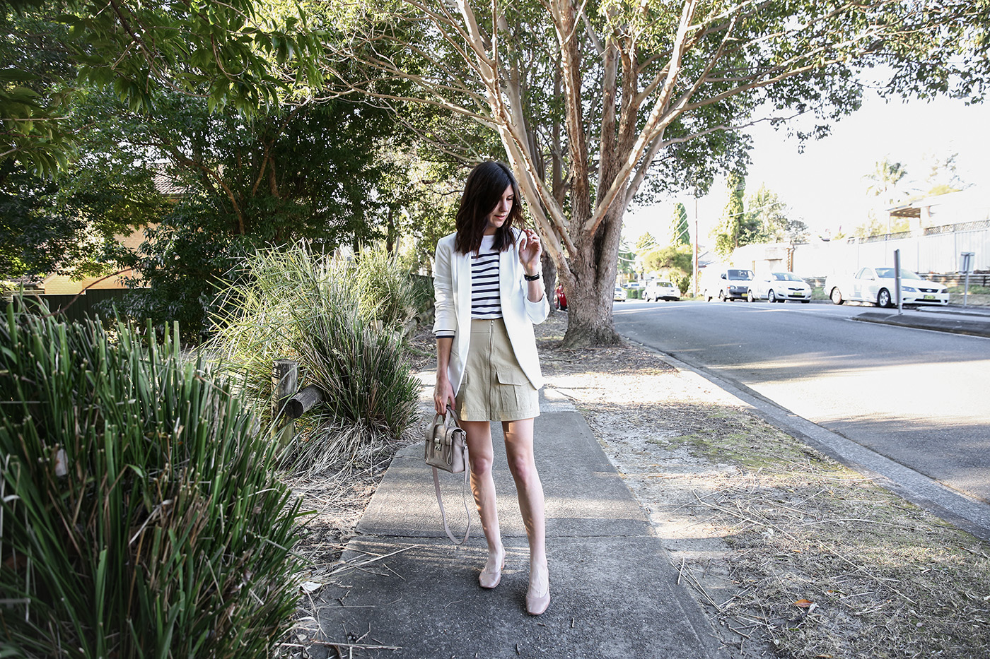 minimal outfit breton stripe top and blazer mademoiselle