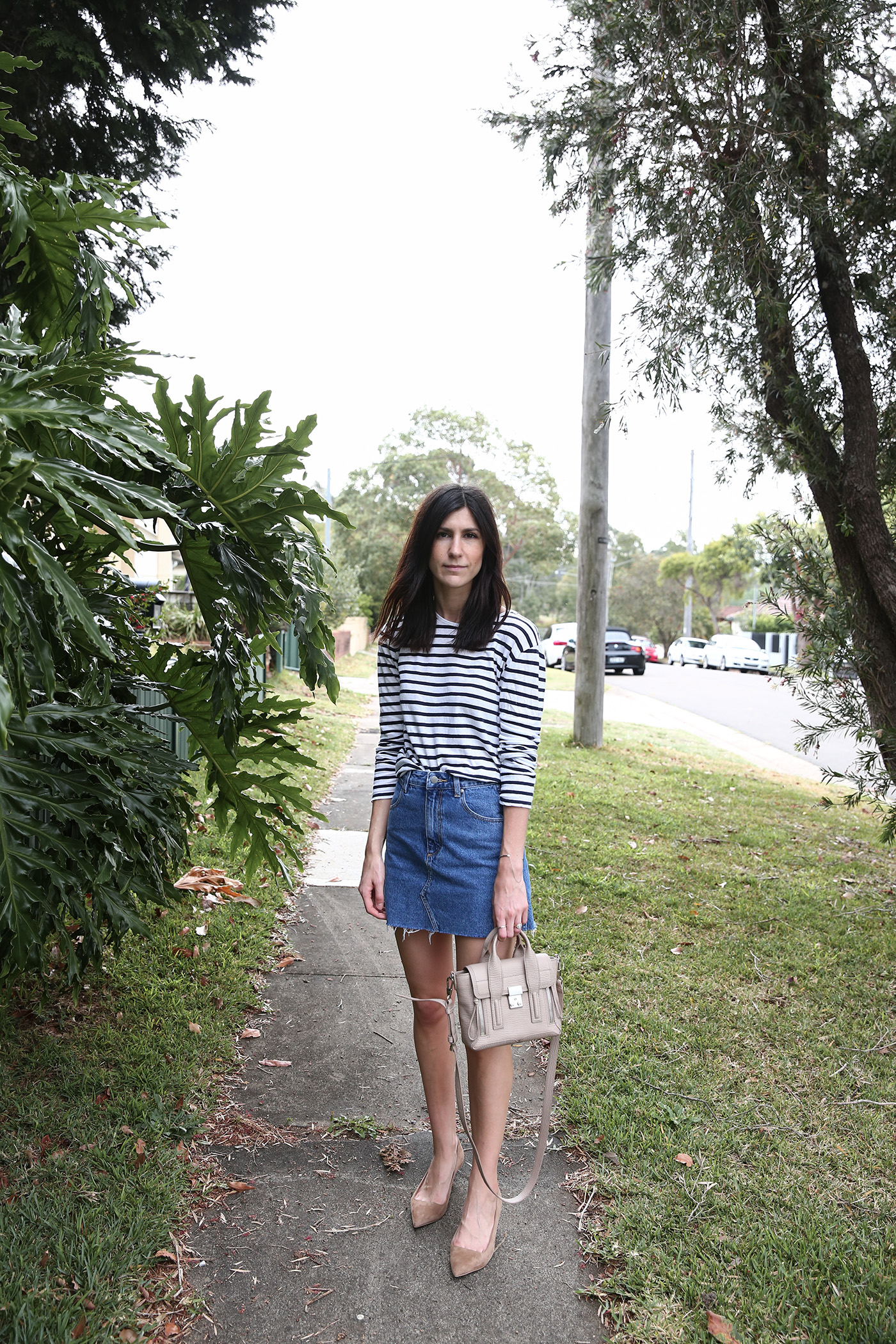 minimal outfit stripe top denim mini mademoiselle