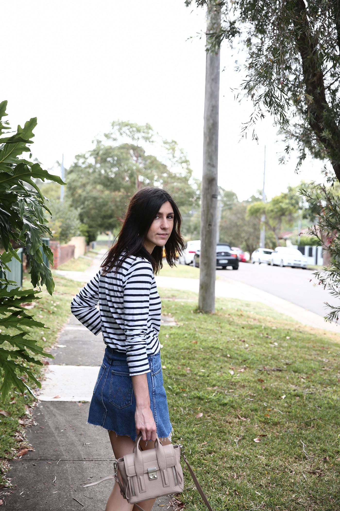 minimal outfit stripe top denim mini mademoiselle