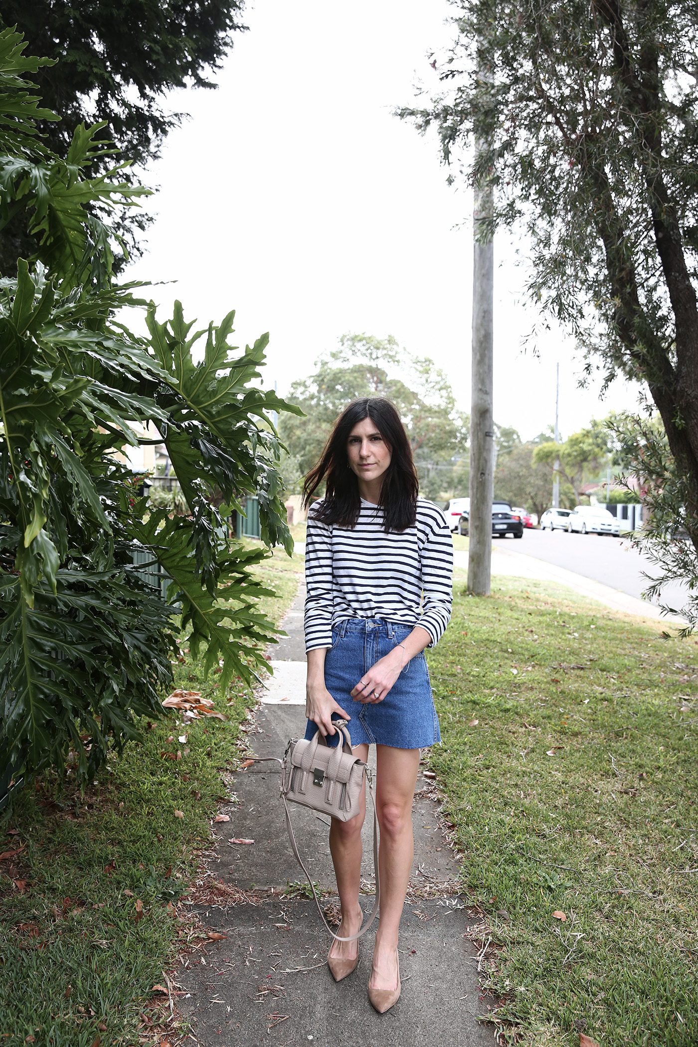 minimal outfit stripe top denim mini mademoiselle