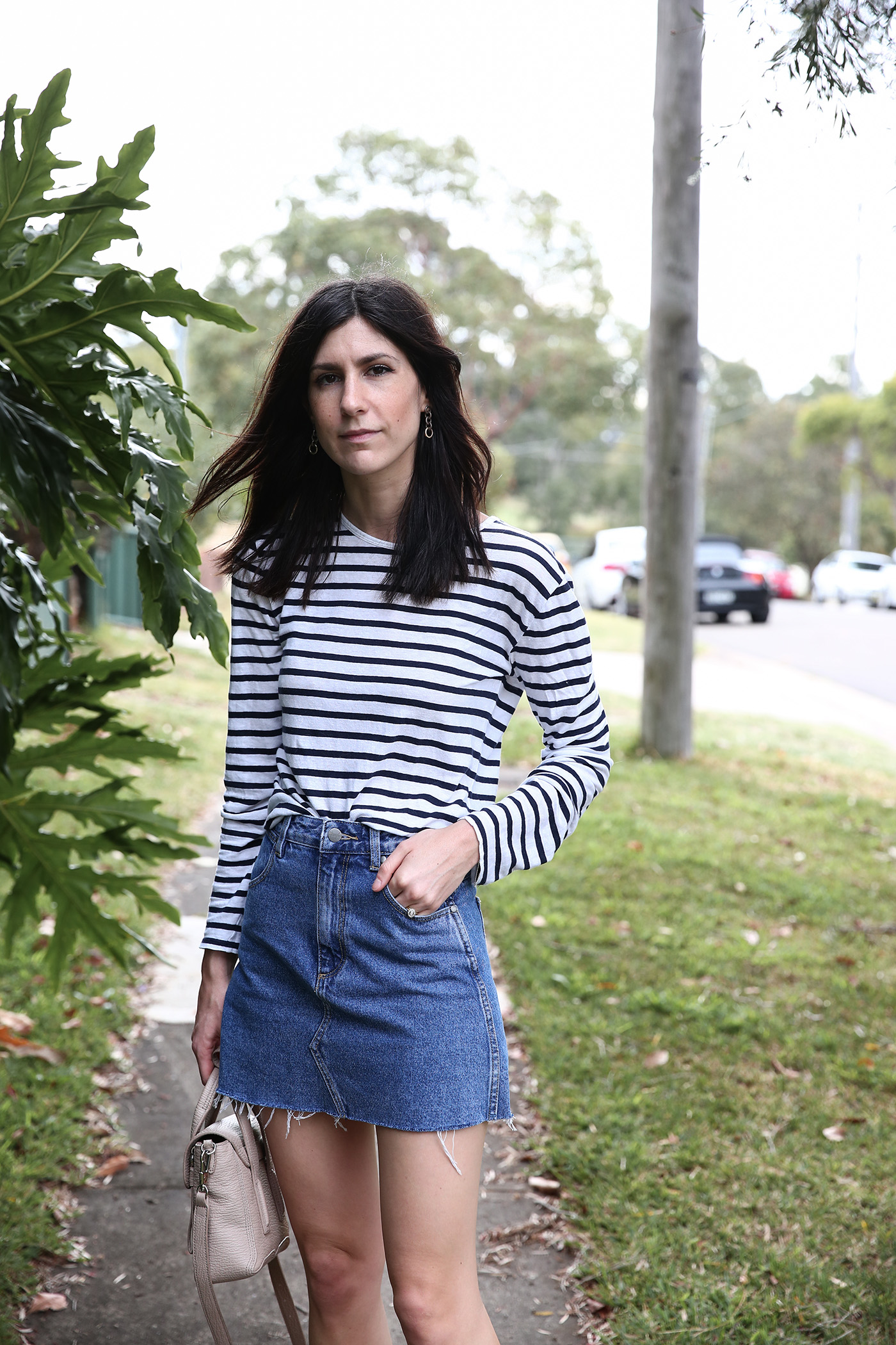 minimal outfit stripe top denim mini mademoiselle