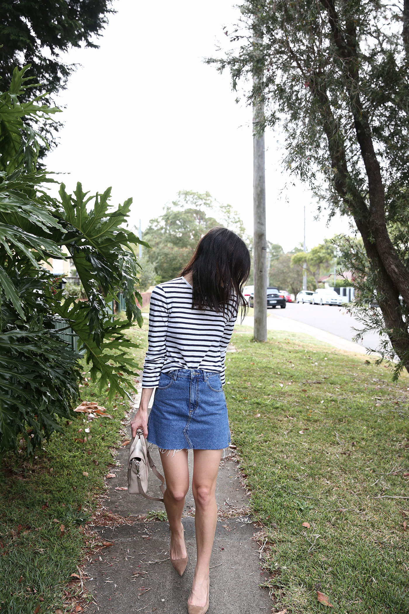 minimal outfit stripe top denim mini mademoiselle