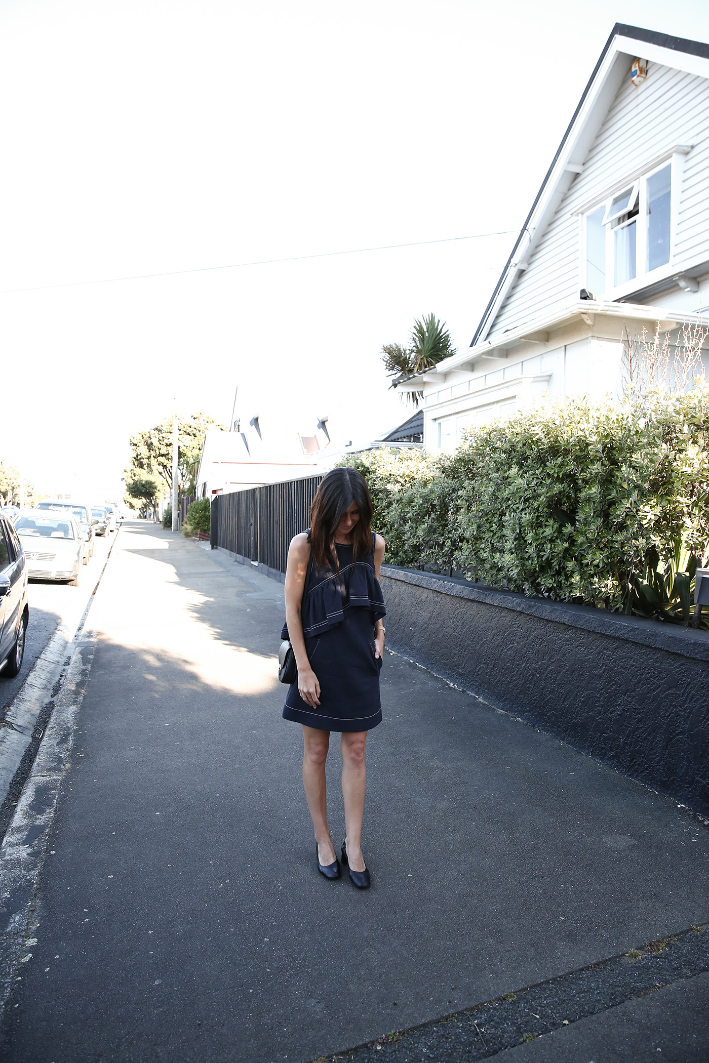 karen walker navy ruffle shift dress