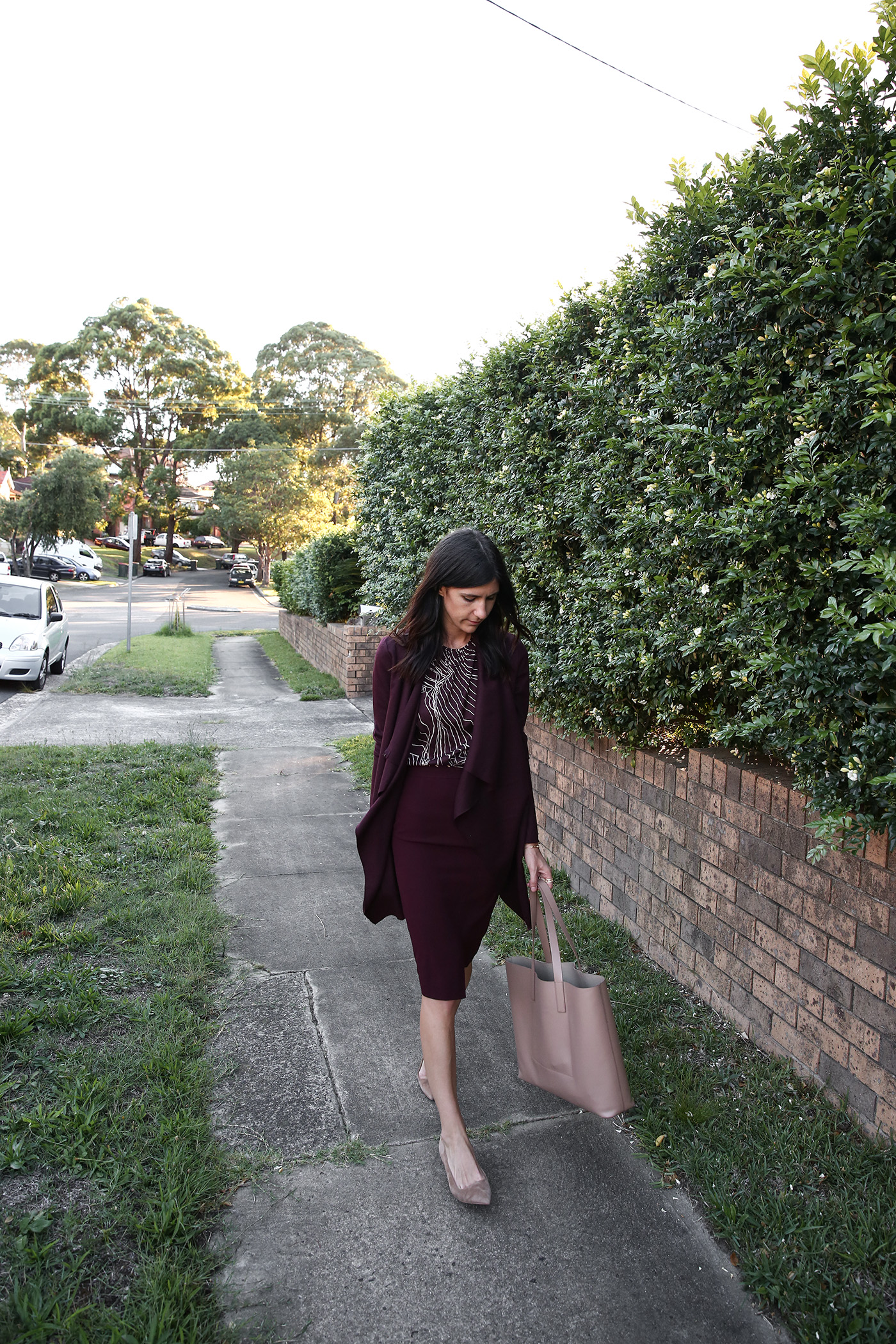 A burgundy workwear look for the office