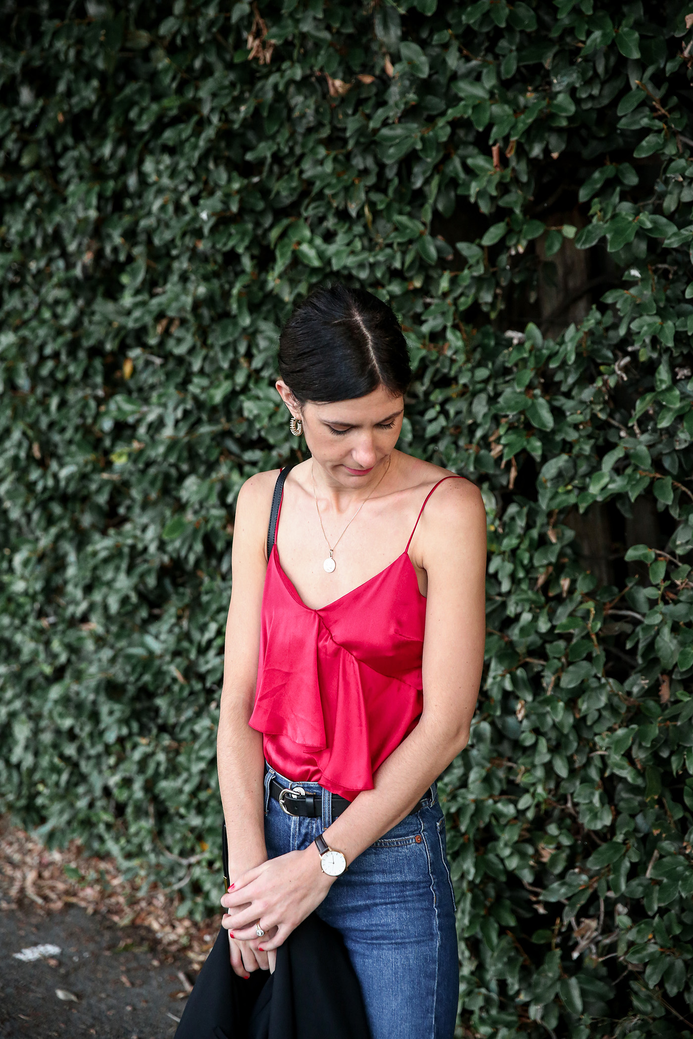 Outfit wearing elevated basics, the ruffle silk cami