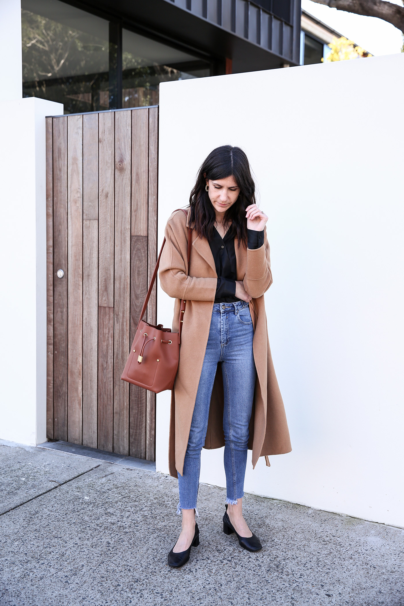 Minimal Outfit Wearing Silk Wrap Blouse, Mom Jeans and a Cashmere Wool Coat