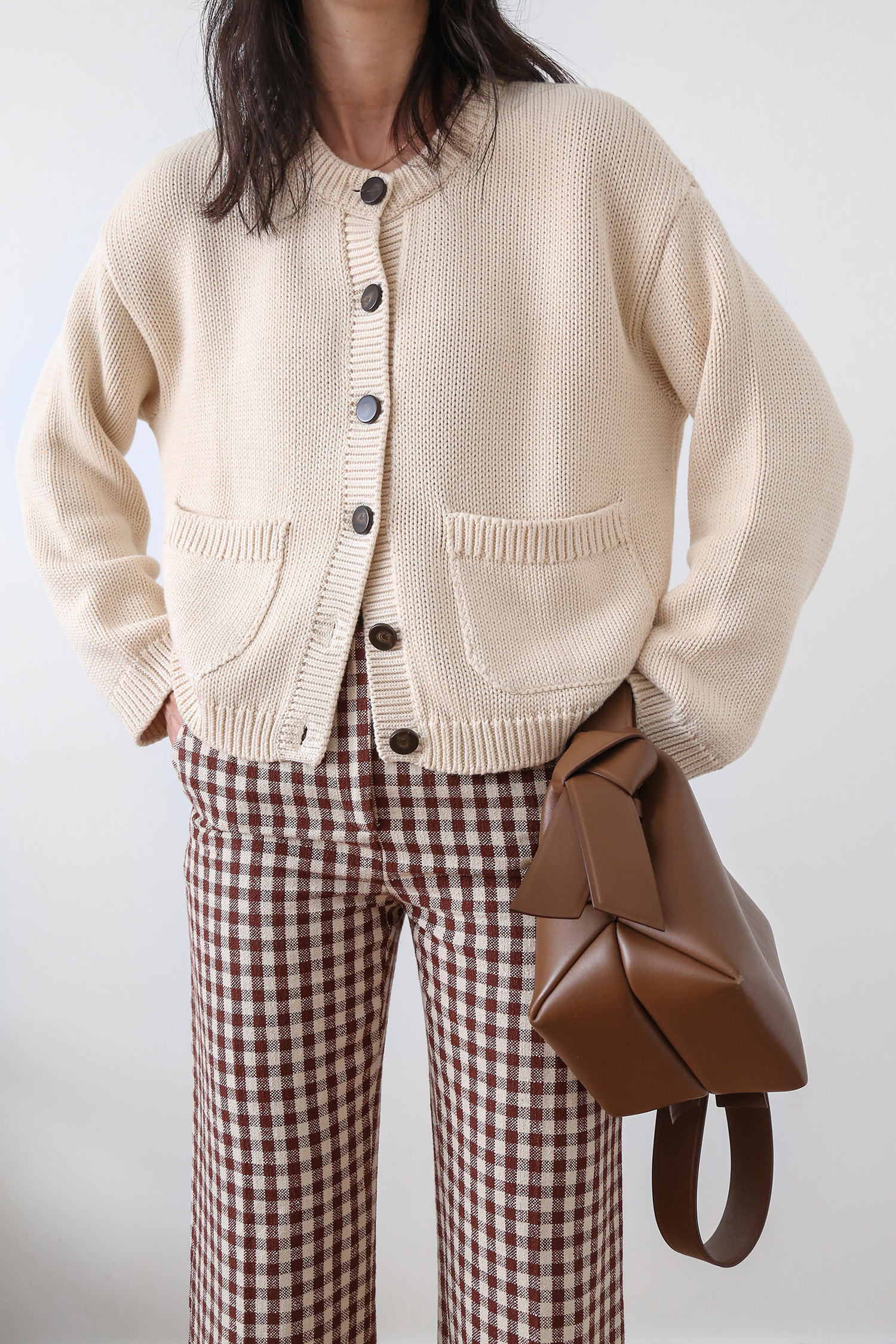 Wearing Sezane Titouan cardigan with Martin Crop Trousers