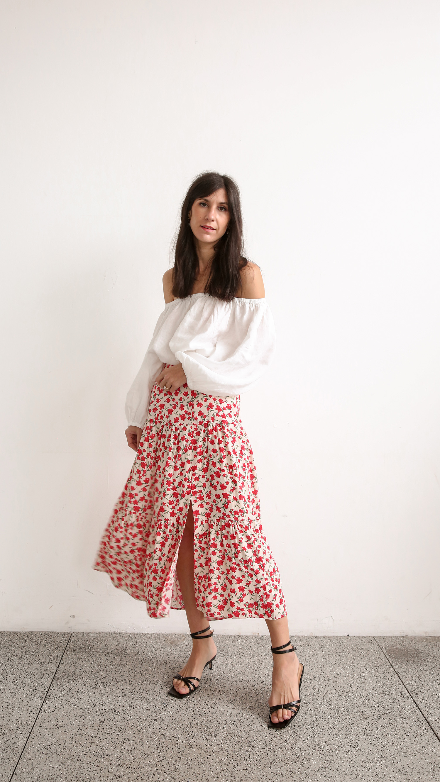 White off shoulder top with Sezane Tammie floral skirt