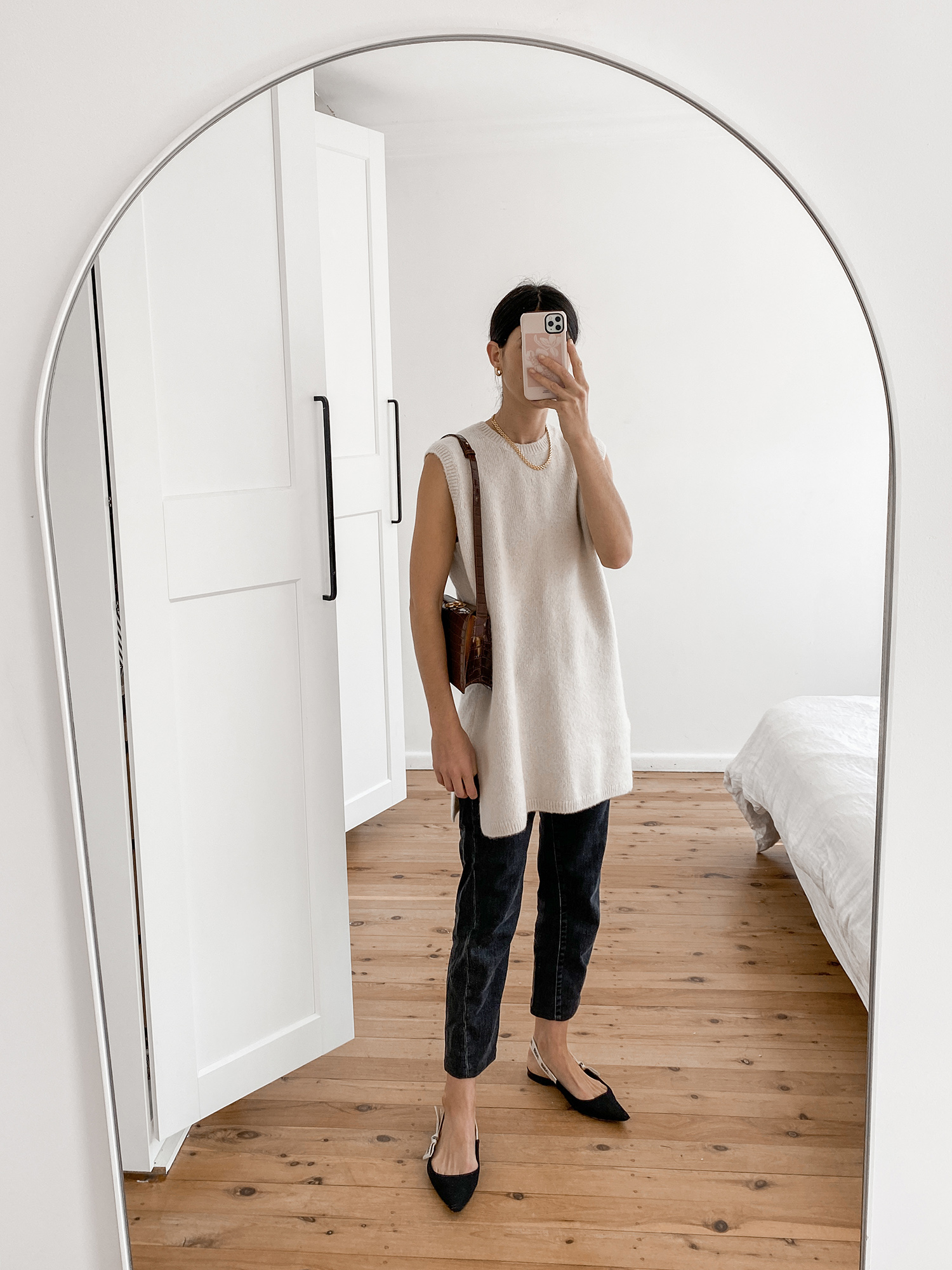 Arket alpaca knit with Toteme standard jeans and Dior slingback flats