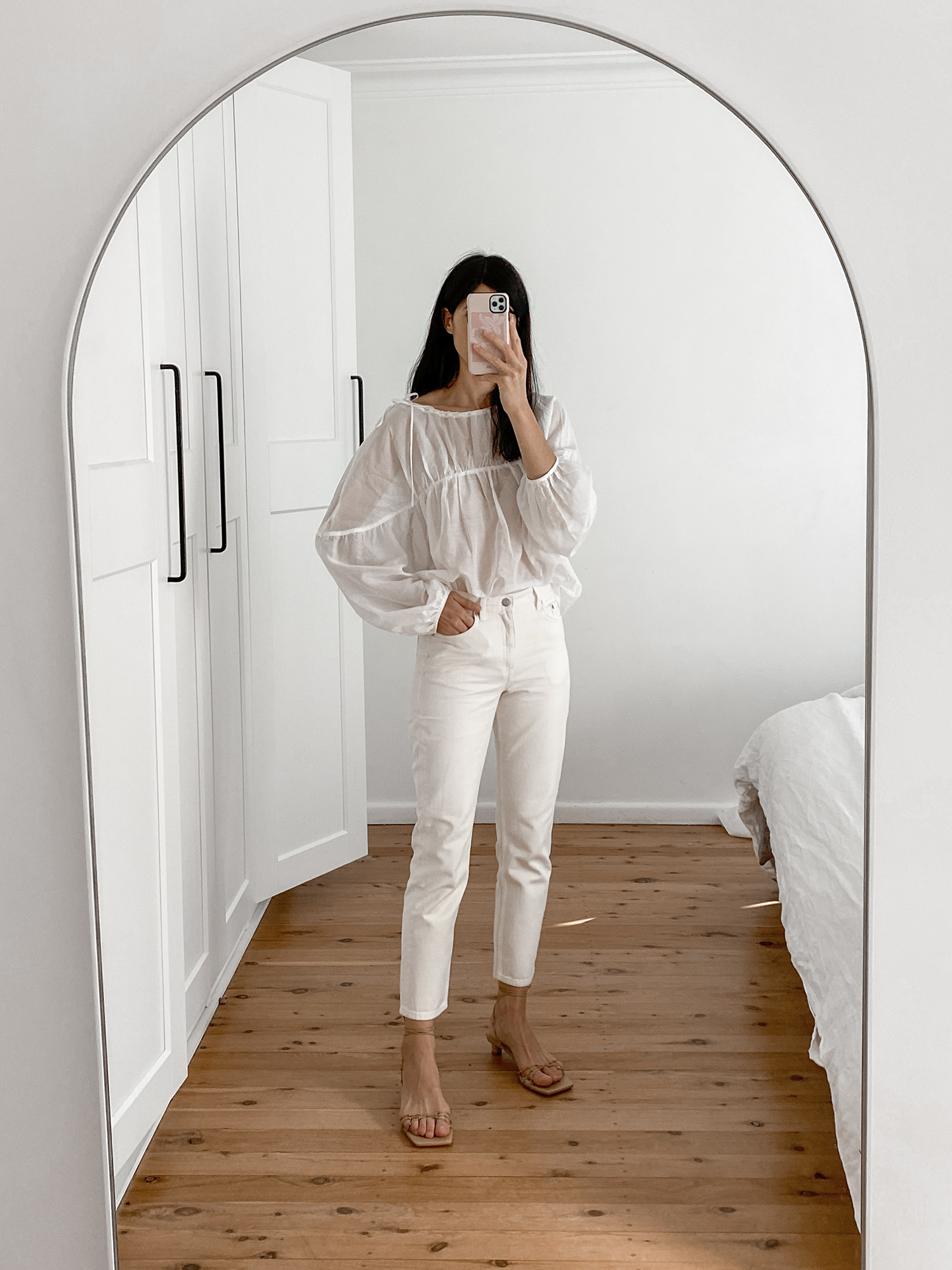 Marle Ines Top with Arket Jeans and Tibi Larkin sandals