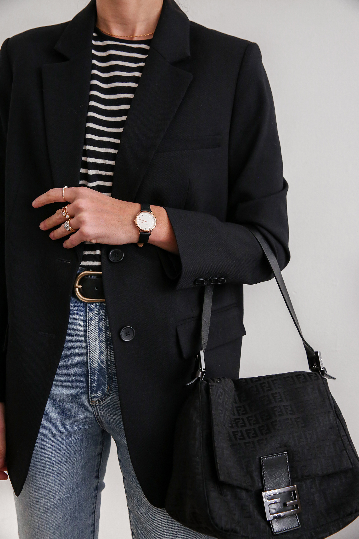 YSL stripe tee with Everlane oversized blazer and Witchery jeans