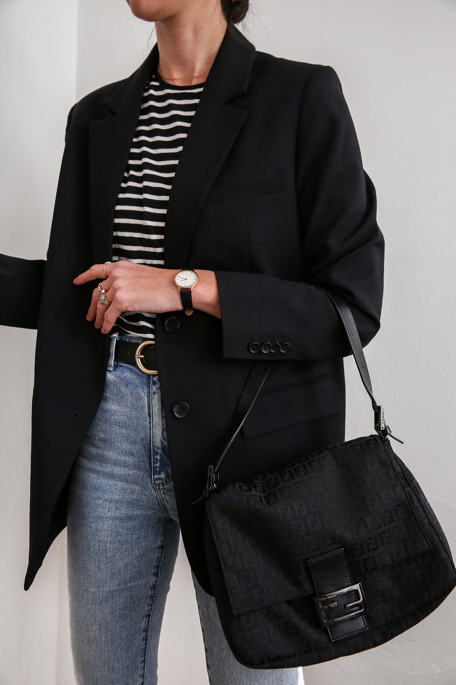 YSL stripe tee with Everlane oversized blazer and Witchery jeans