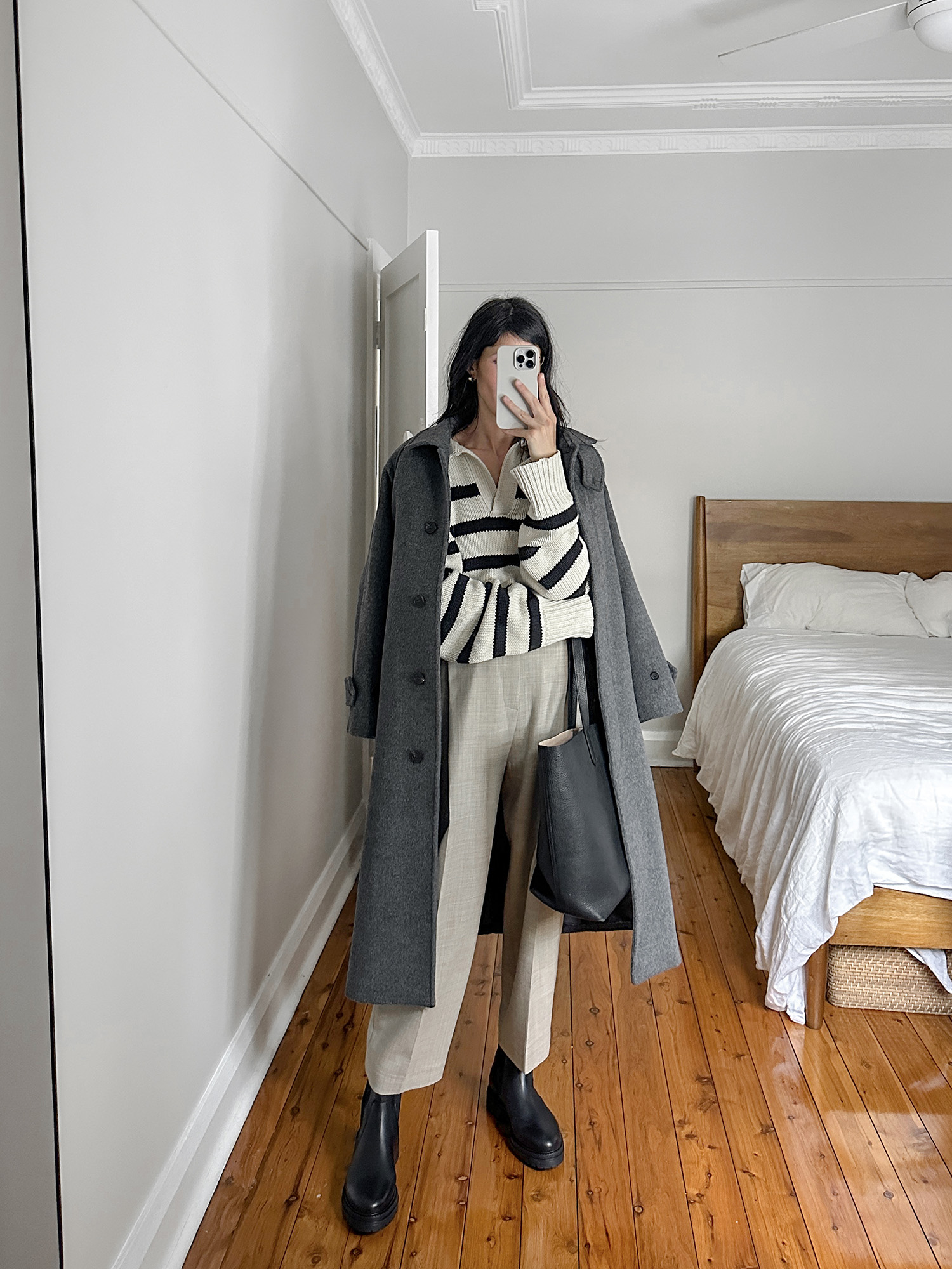 DISSH merino striped sweater with Facade Pattern round trousers and Sezane Lena boots