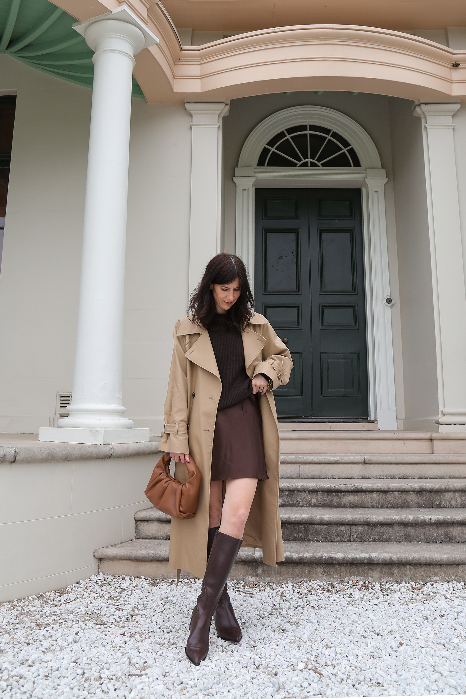 Brown tonal outfit with mini skirt and knee high boots