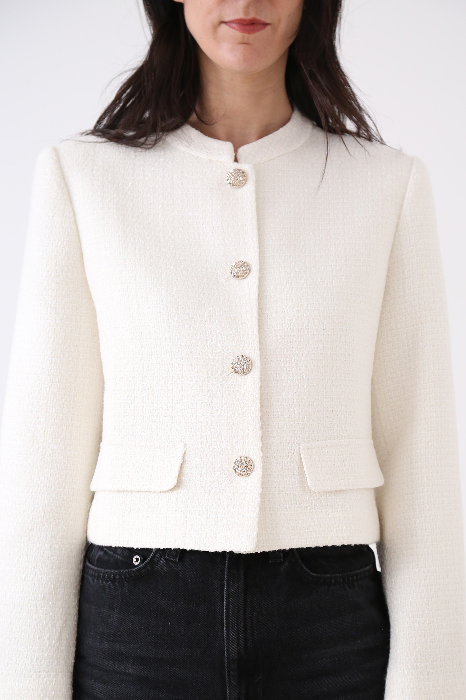 Ladylike quiet luxury jacket in white with silver thread