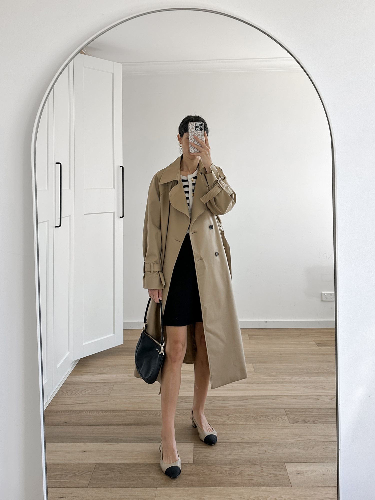 Goelia striped cardigan and mini skirt with discount code and Kindersalmon trench coat