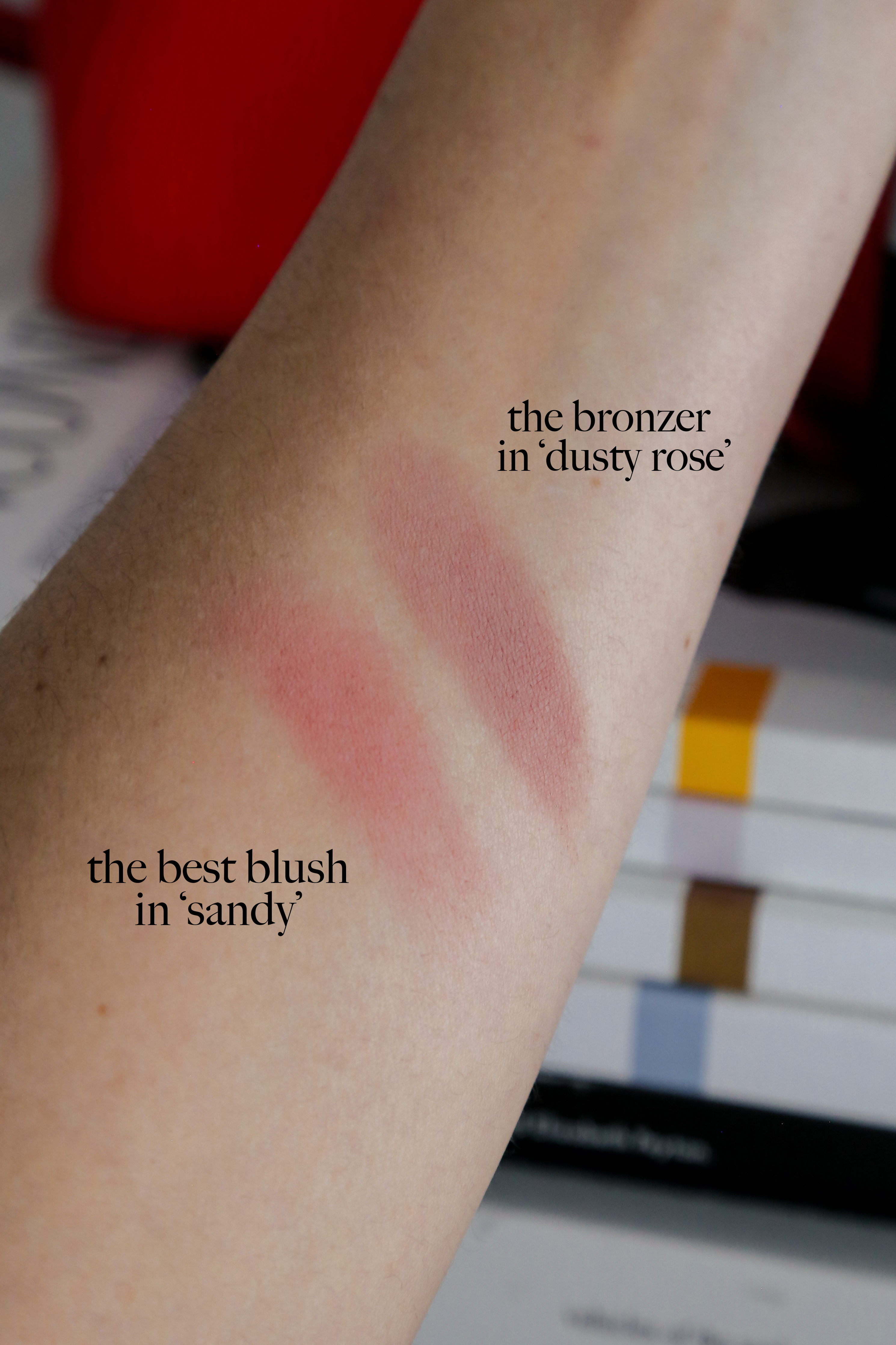 Jones Road Beauty swatches Best Blush in Sandy and the Bronzer in Dusty Rose