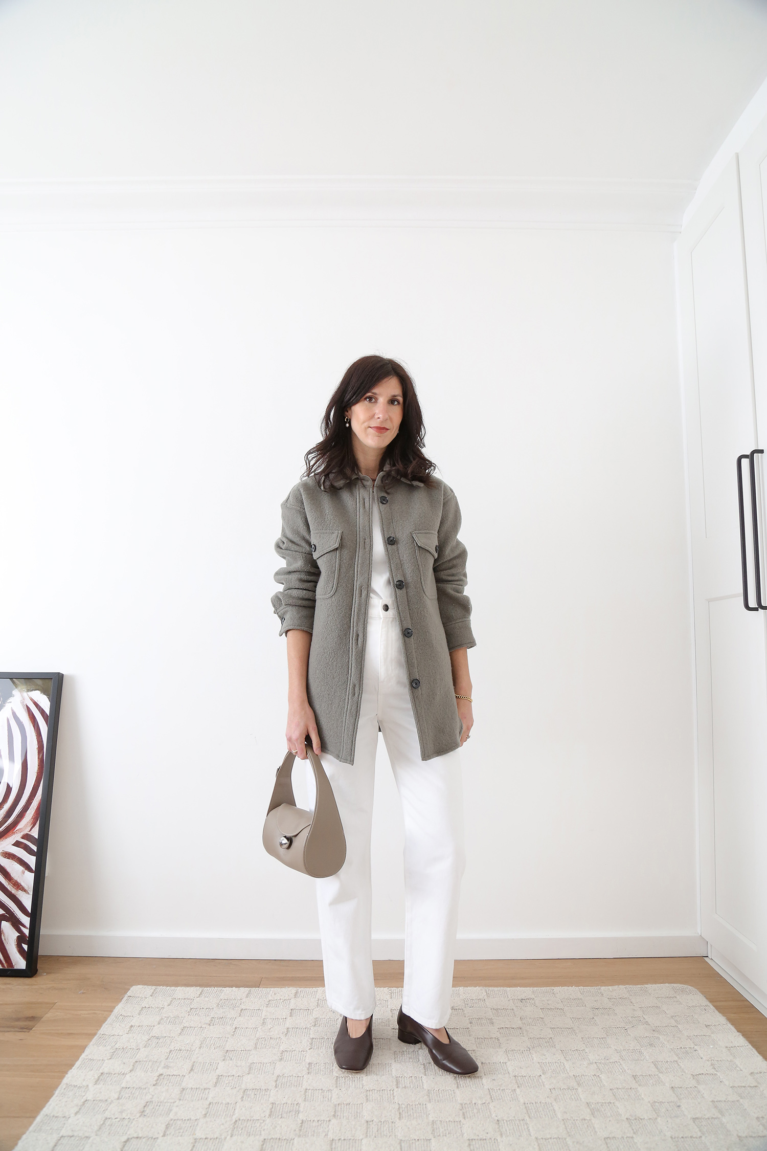 Chic minimal and neutral fall outfit idea wearing wool shacket