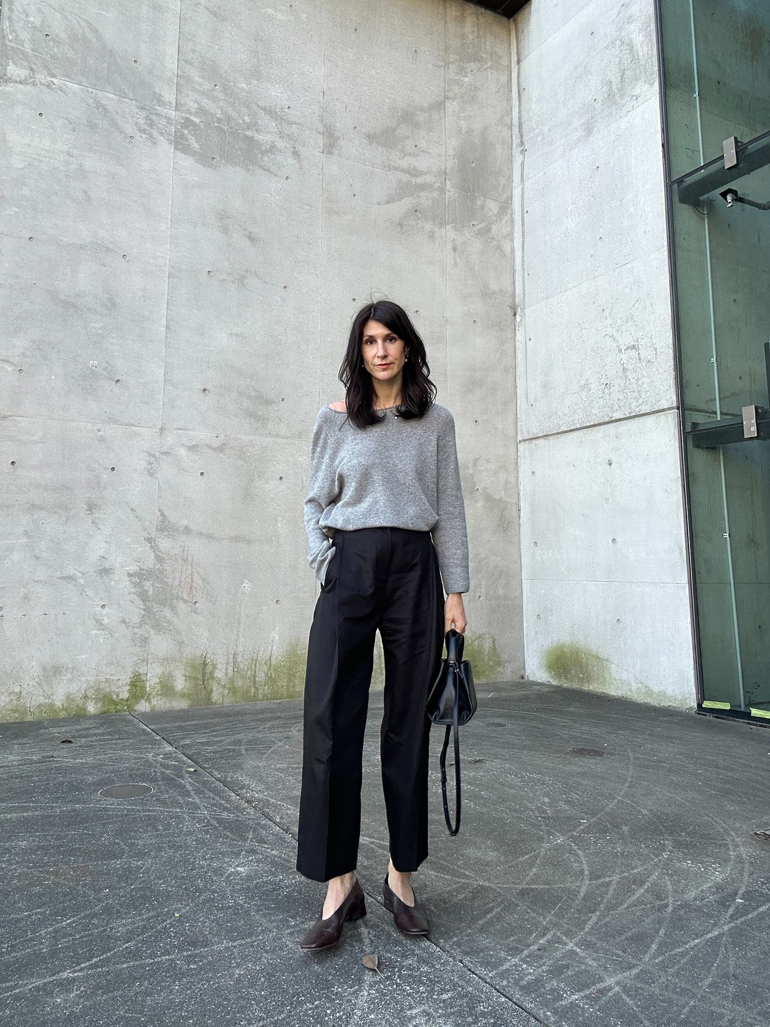 Wearing Quince boatneck knit with Aeyde Delia pumps minimal workwear outfit idea