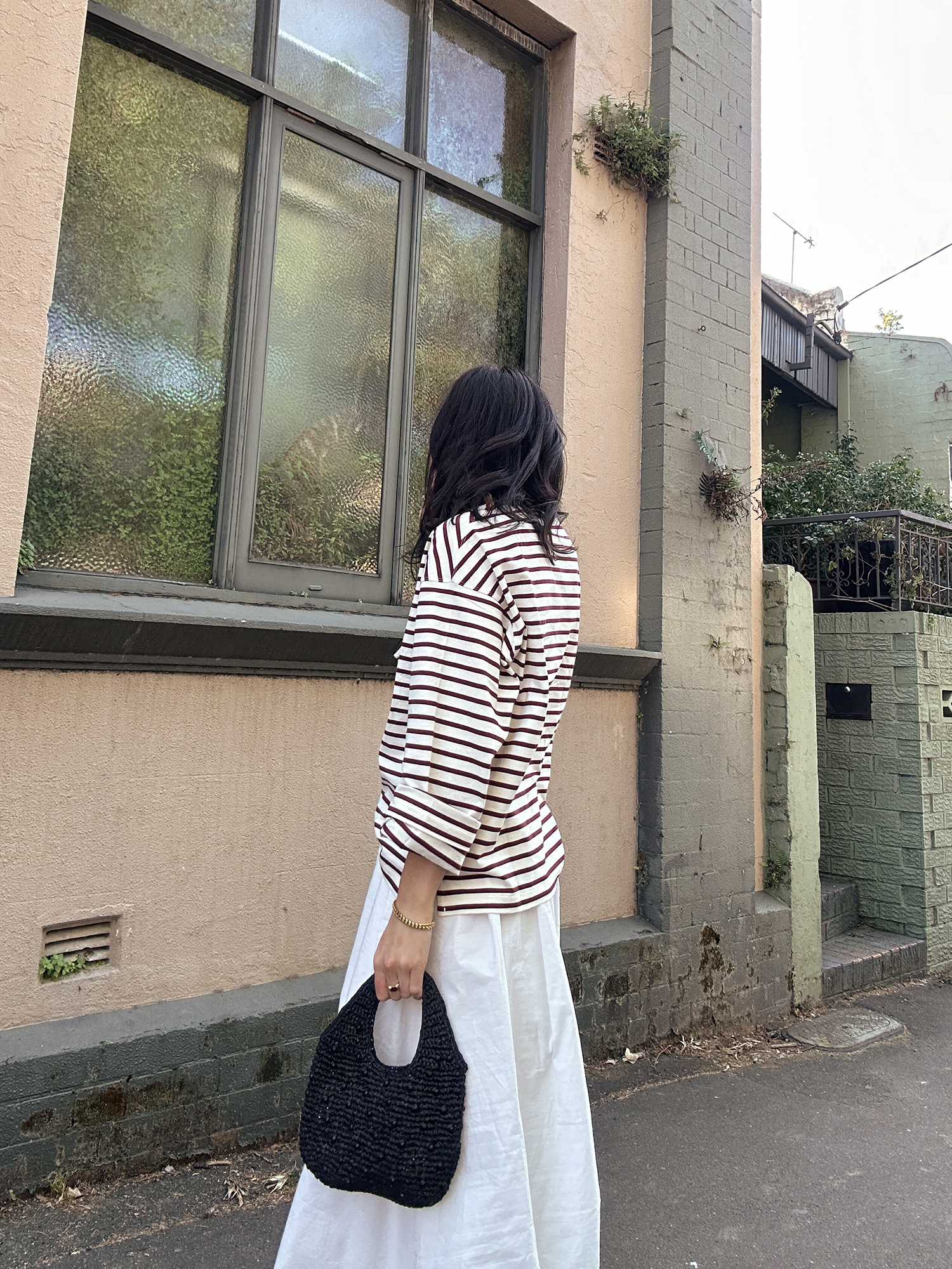 Scandi chic style with striped top and white full skirt