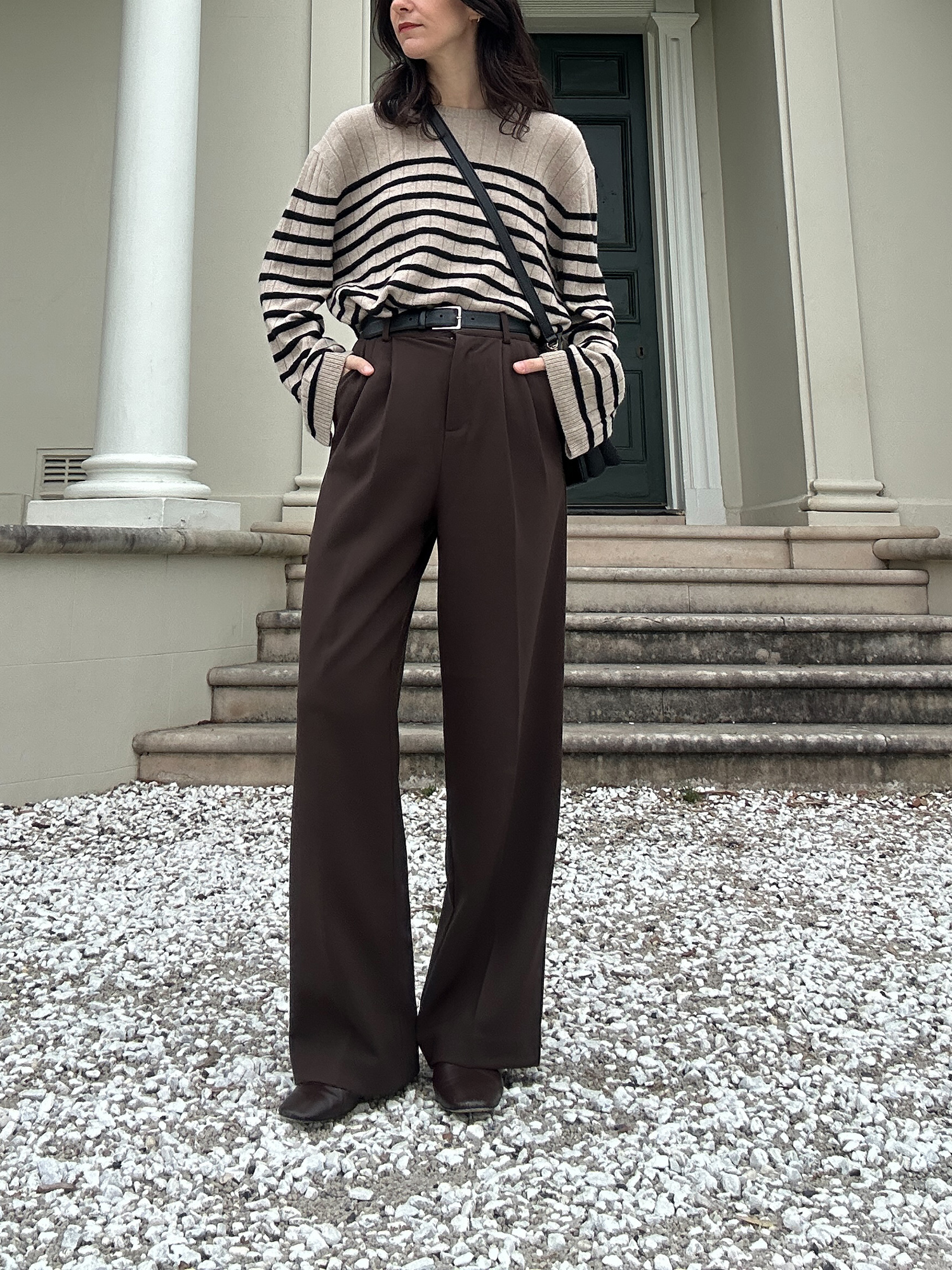 Lilysilk cashmere sweater worn with chocolate brown trousers and Aeyde heels