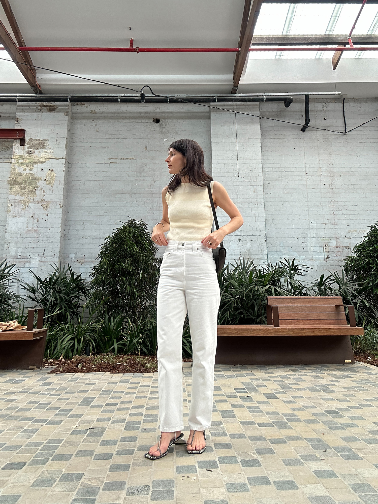 Wearing ONTE tank and Khaite shalbi jeans with Tibi Georgia sandals