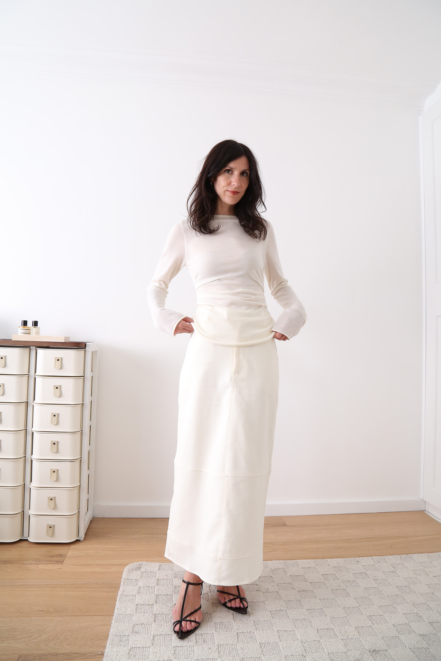 White merino long sleeve with white maxi skirt