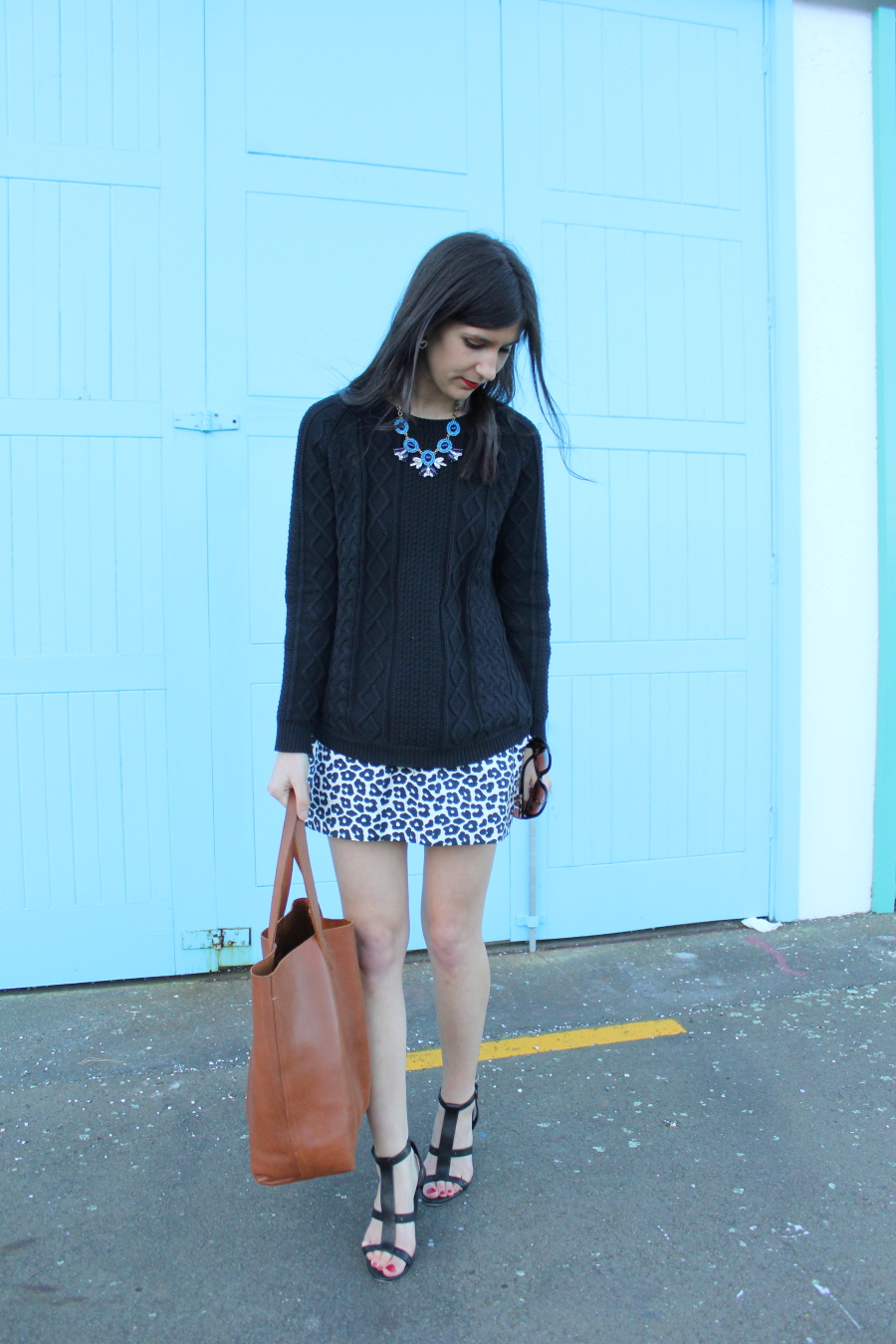 Gillian Tennant leopard skirt Cuyana tote bag