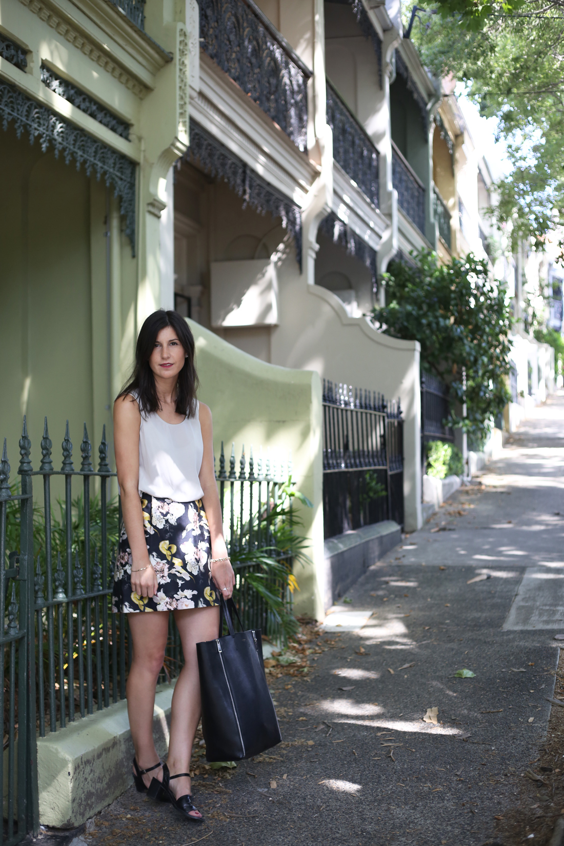 ellery floral skirt everlane silk top opening ceremony mules