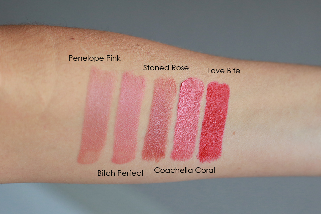 charlotte tilbury kissing lipstick penelope pink bitch perfect stoned rose coachella coral love bite shades lip swatches