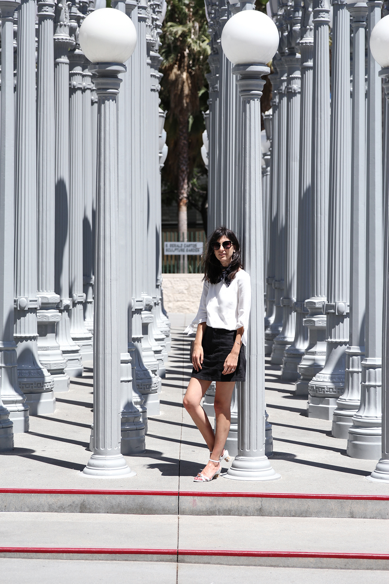 monochrome outfit wearing ruby harmony bow blouse sophia webster loren sandals