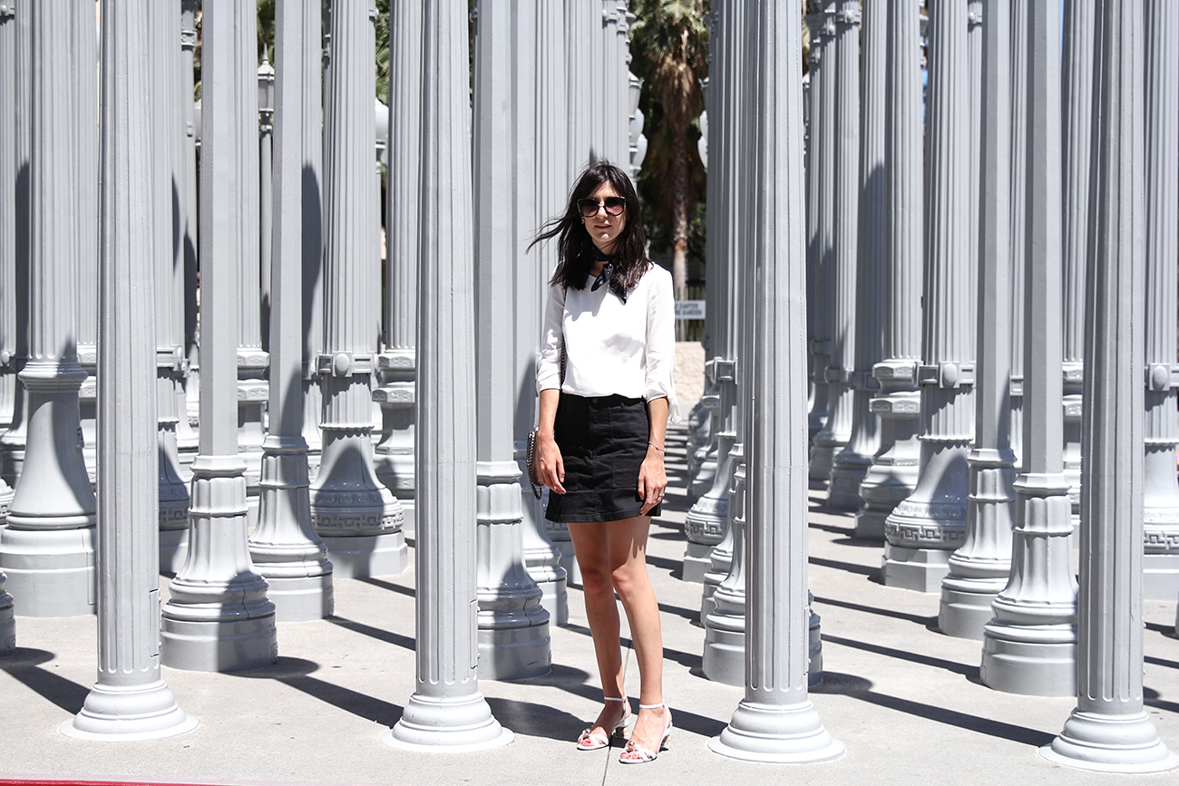 monochrome outfit wearing ruby harmony bow blouse sophia webster loren sandals