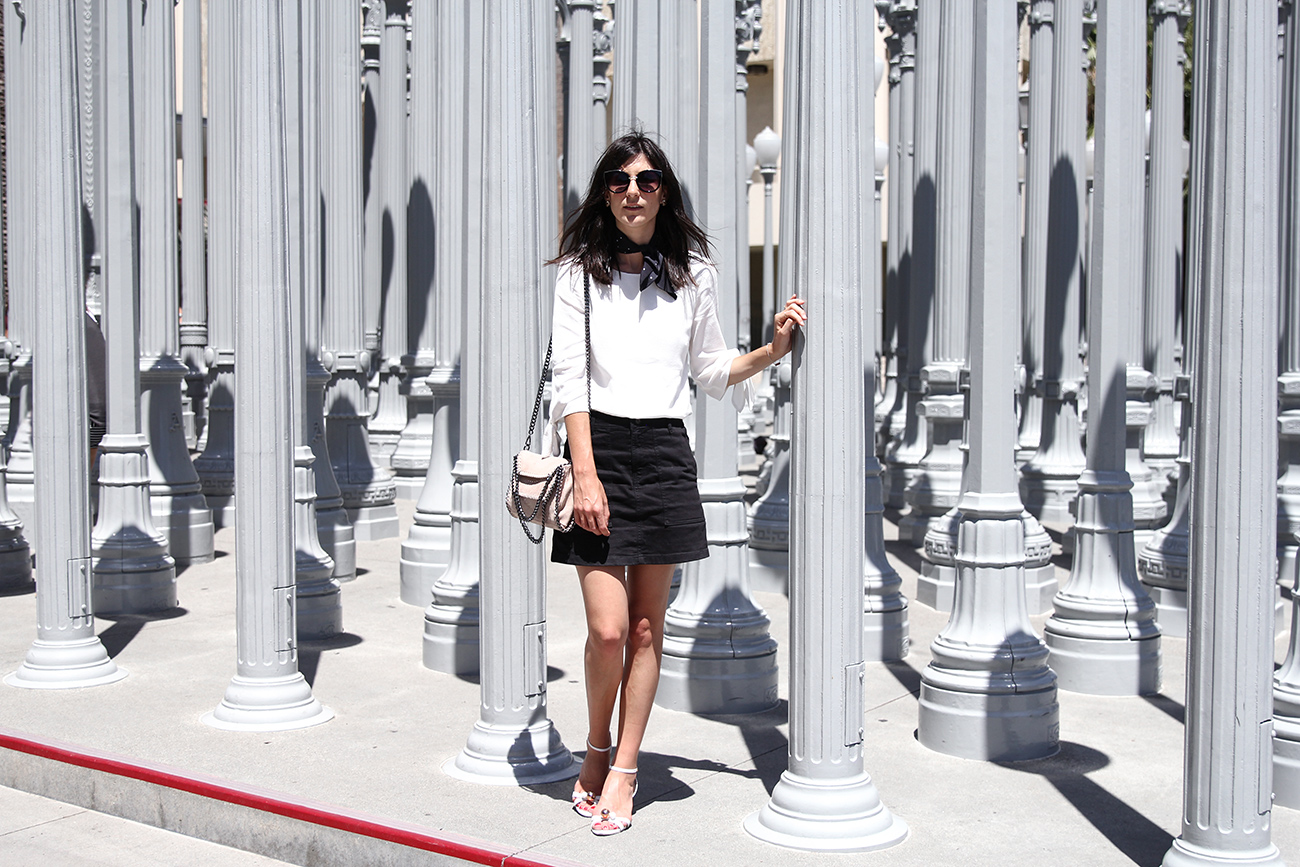 monochrome outfit wearing ruby harmony bow blouse sophia webster loren sandals