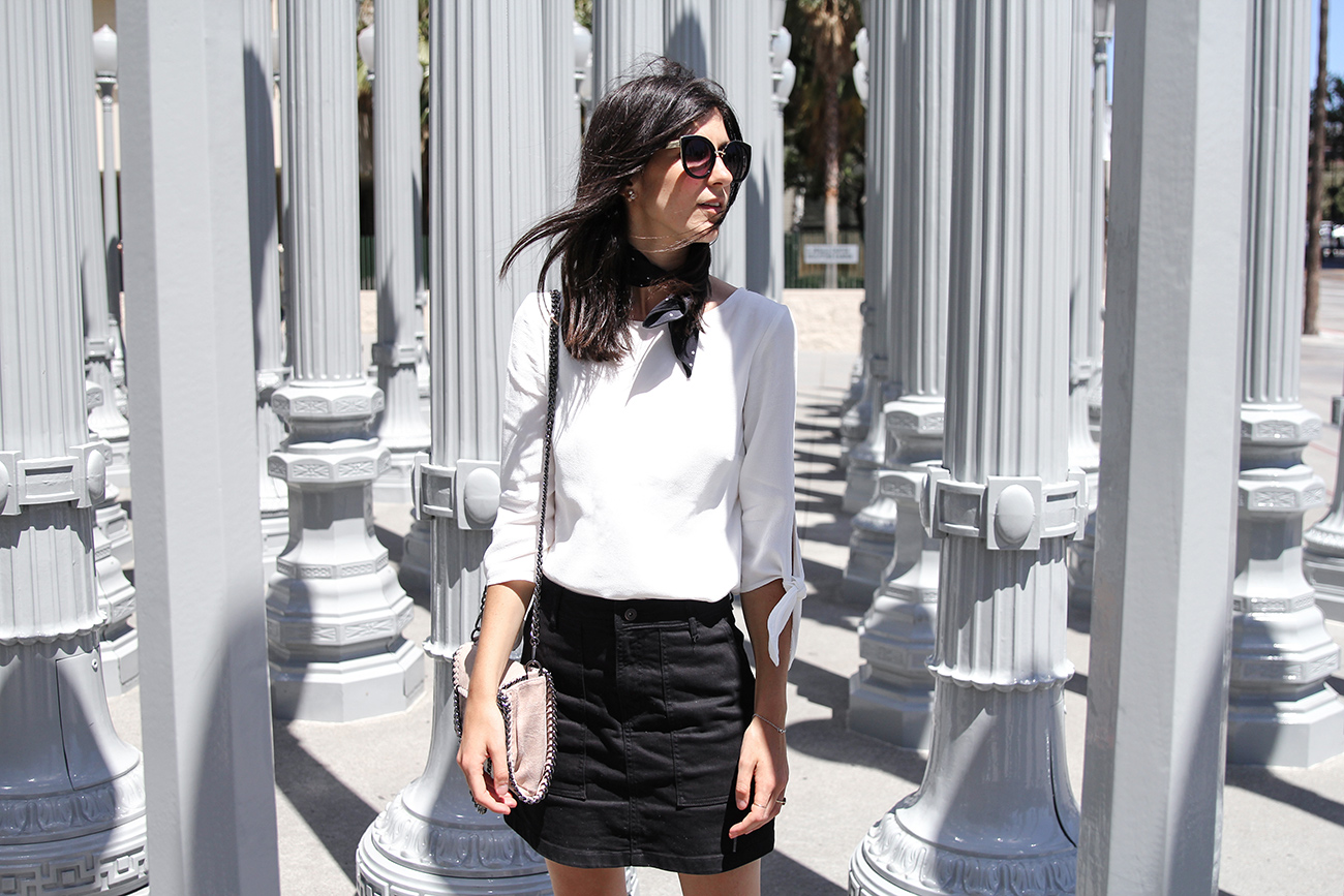 monochrome outfit wearing ruby harmony bow blouse sophia webster loren sandals