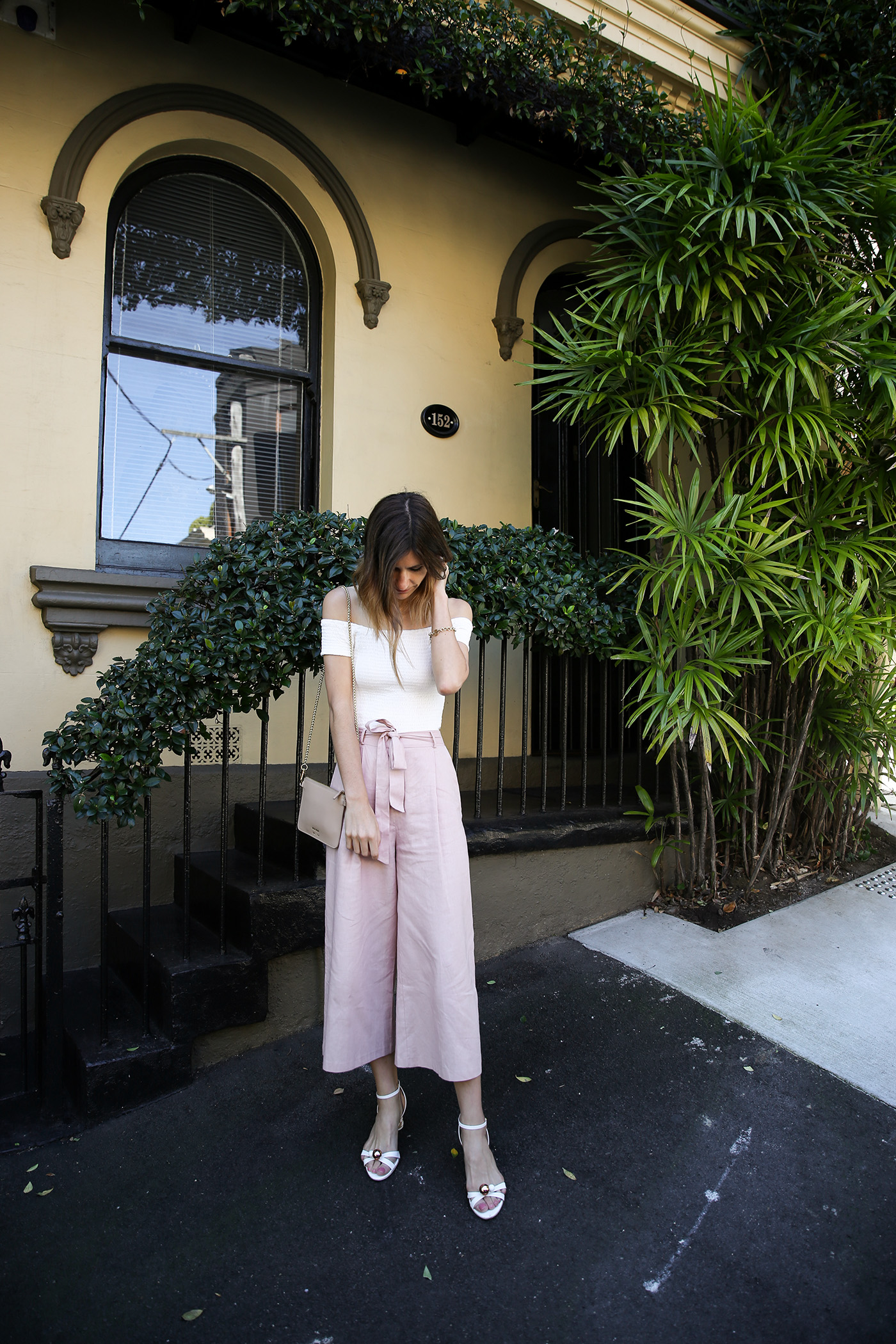 off the shoulder pink culottes outfit minimal