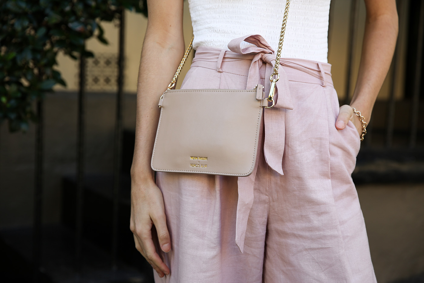 off the shoulder pink culottes outfit minimal