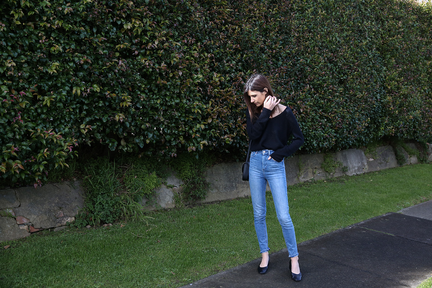 minimal outfit wearing sweater and jeans